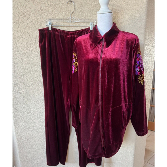 Bob Mackie 2 PC Burgundy Velvet Art Jacket Pants Embroidered Floral Mosaic Sz 1X - Picture 1 of 12